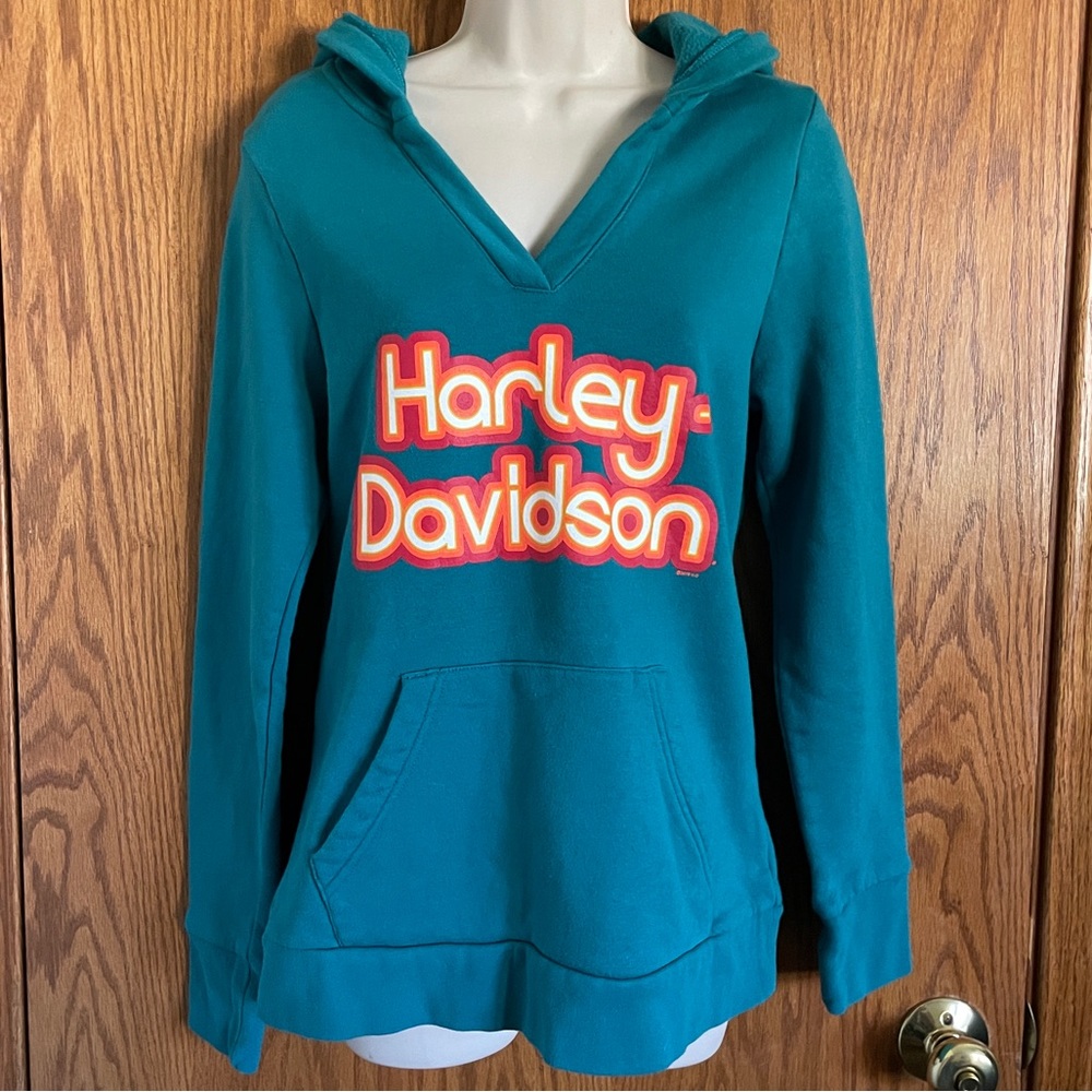 Harley Davidson Teal Green V-Neck Hoodie Sweatshirt Las Vegas, NV Women's Size S